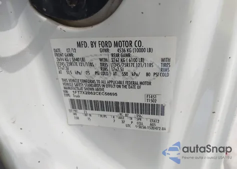 2012 Ford F-250 Xl z USA, uszkodzony, nr VIN 1FT7X2B62CEC58695